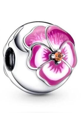 Pandora Pink Floral Enamel Flower Charm with Orange Crystal Center